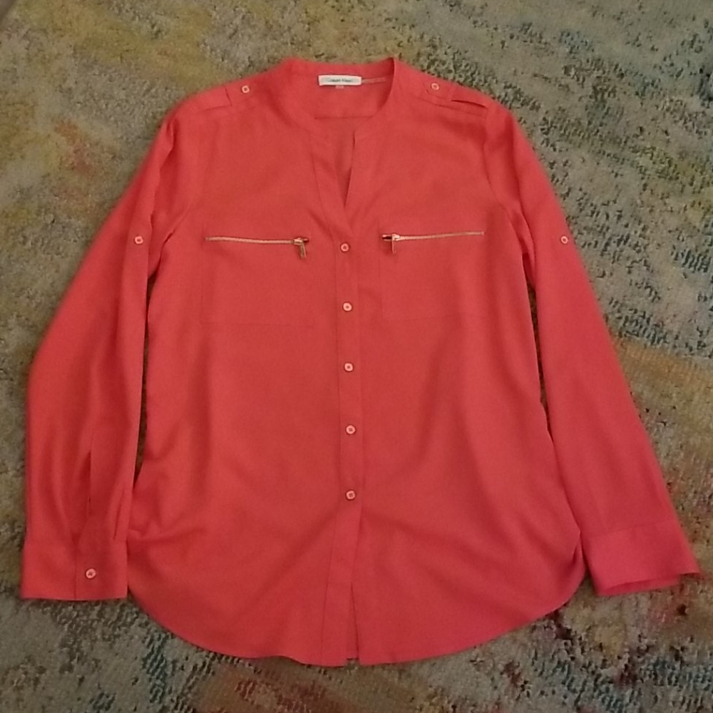 Calvin Klein coral blouse w/gold zippers